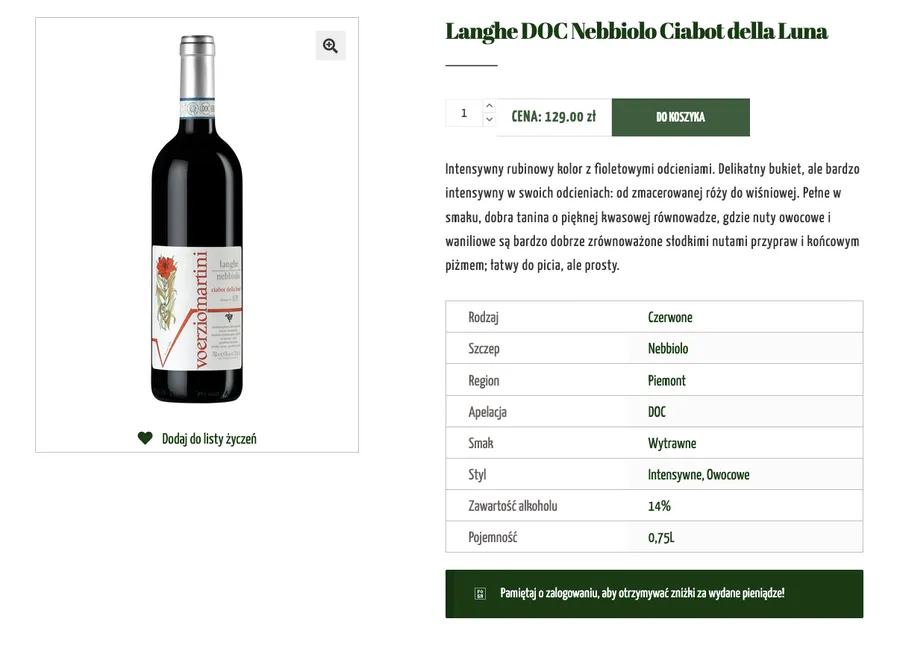 Langhe Nebbiolo Ciabot della Luna – czerwone wino z Piemontu, 129 zł