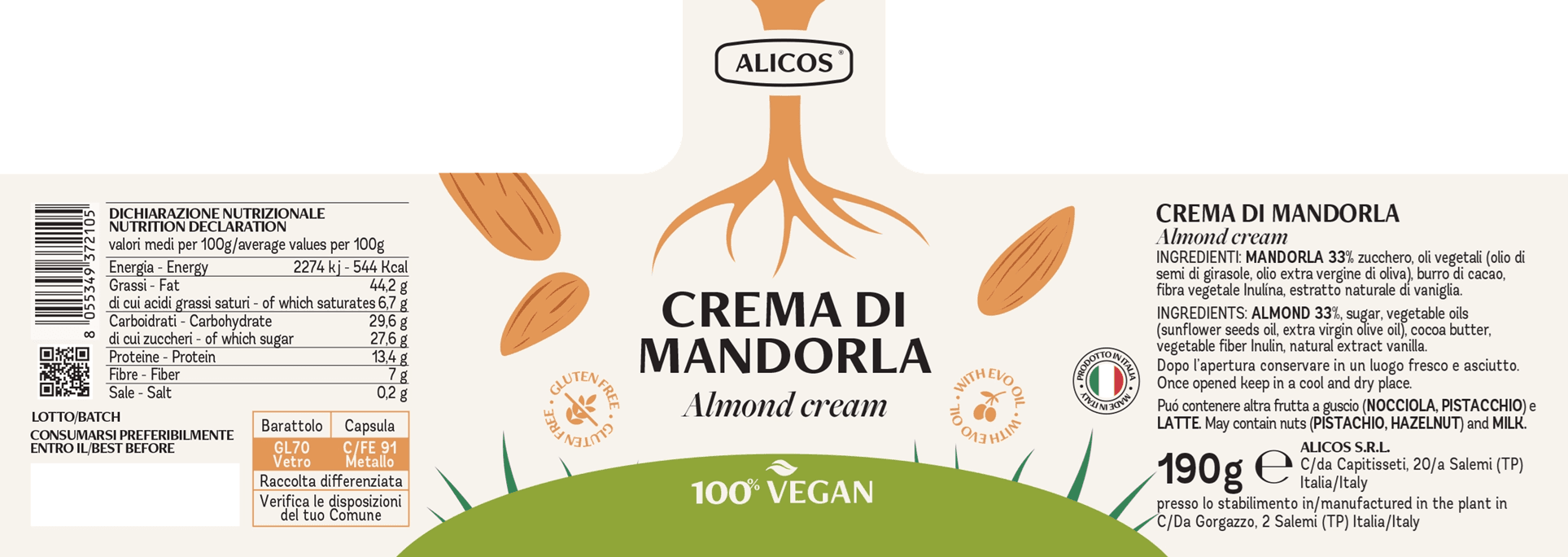 crema di mandorle vegana etykieta